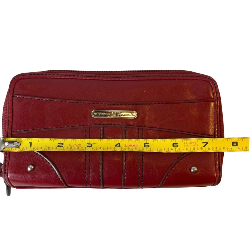Etienne Aigner Red Leather Zip Around Organizer Wallet Clutch Gold Hardware